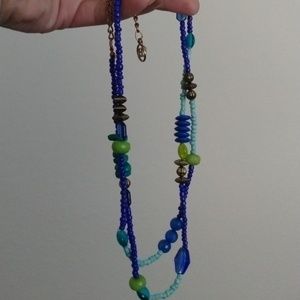 EL long beaded necklace blue, light blue, green, turquoise, lime and gold toned